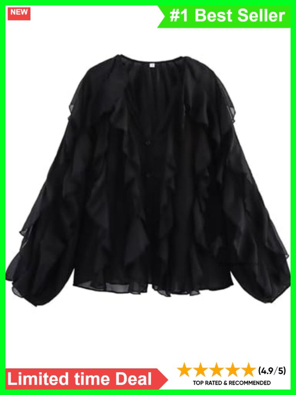 Ruffled Chiffon Button Down Blouse V Neck Loose Fit Long Sleeve Summer Top